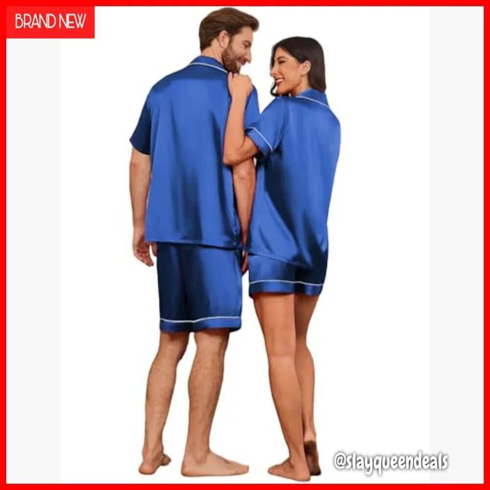 Silk Satin Pajama Set Short Sleeve Button Down Lounge Wear S-XXL